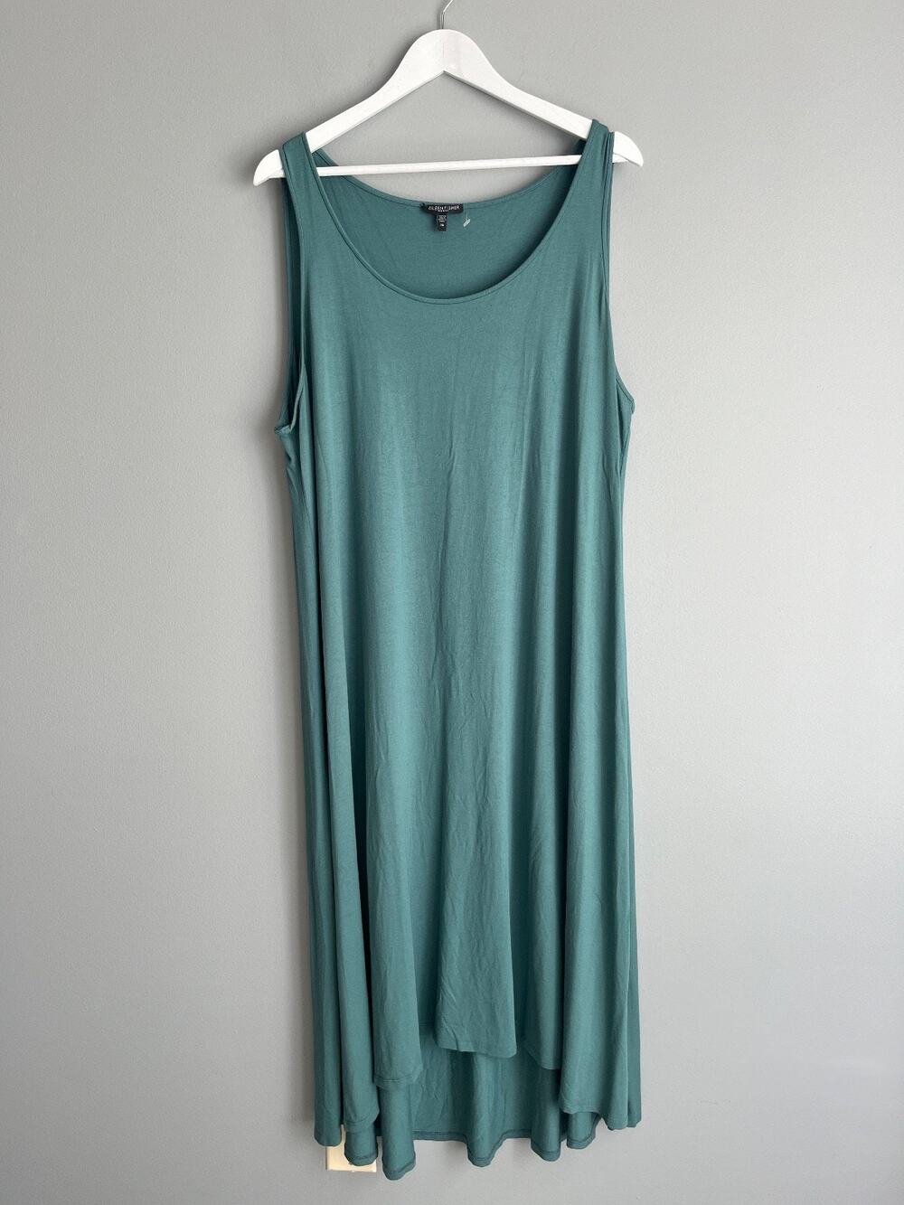 Eileen Fisher Woman 3X Teal Sage Tank Trapeze Dress Hi-Lo Hem Boho Minimalist